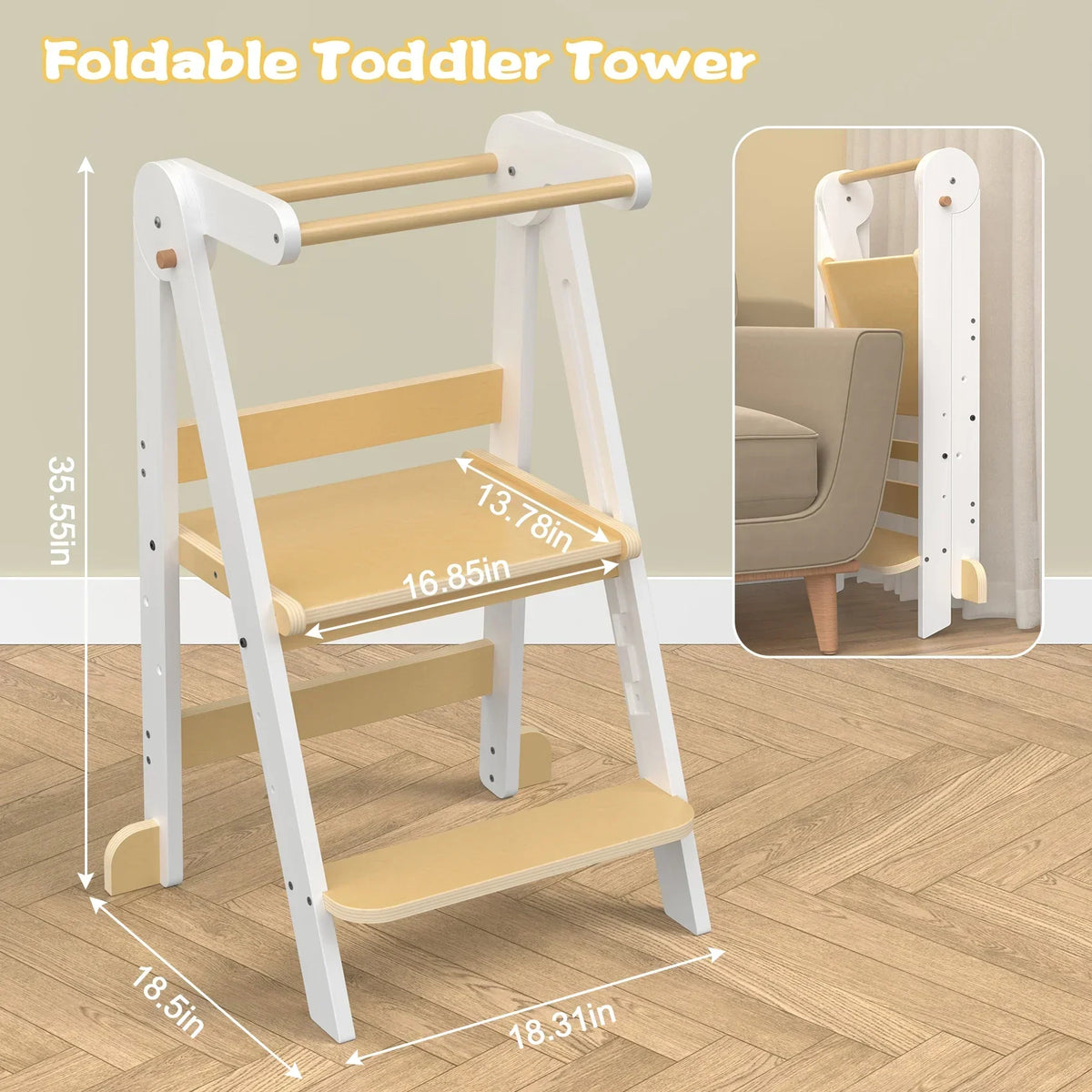 Nouveauté 2026 – Marchepied de cuisine JOZ pour tout-petits, tabouret d'apprentissage Montessori, tour pliable pour le comptoir, aide à la station debout pour les enfants, 3 hauteurs réglables, en bois, blanc