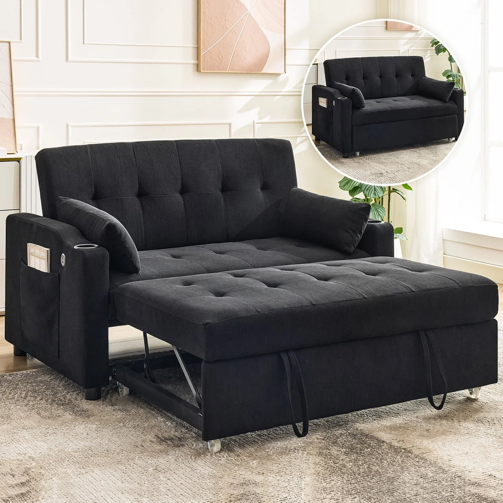 Nouveauté 2026 – Canapé-lit convertible 3 en 1, modèle , en velours côtelé avec lit gigogne, dossier réglable, port de chargement et poches latérales. Canapé moderne et capitonné pour salon ou chambre d'amis