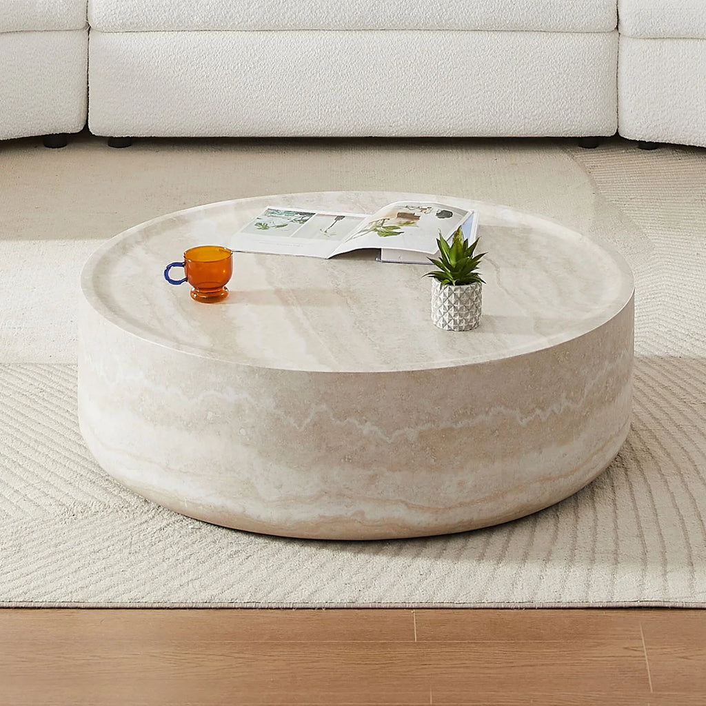 Nouveauté 2026 – Table basse ronde 31,49'' avec texture marbre, table basse circulaire moderne en fibre de verre, table d'appoint pour salon ou extérieur, livrée montée, finition marbre