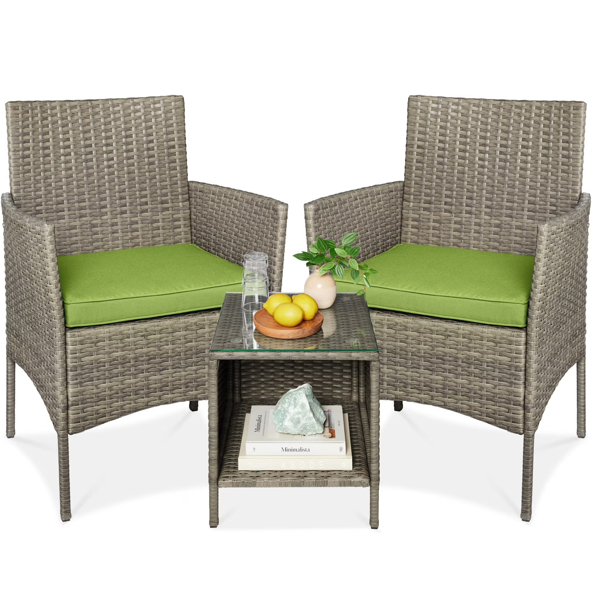 Nouveauté 2026 – Ensemble bistro de jardin 3 pièces en résine tressée Best Choice Products , avec 2 chaises et une table - Gris/Bleu marine