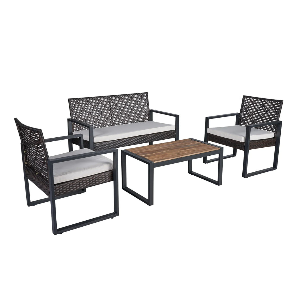 Nouveauté 2026 – Ensemble de mobilier de patio robuste , ensemble de conversation d'extérieur sectionnel 4 pièces, ensemble de canapé de patio en rotin PE marron avec coussins bleus