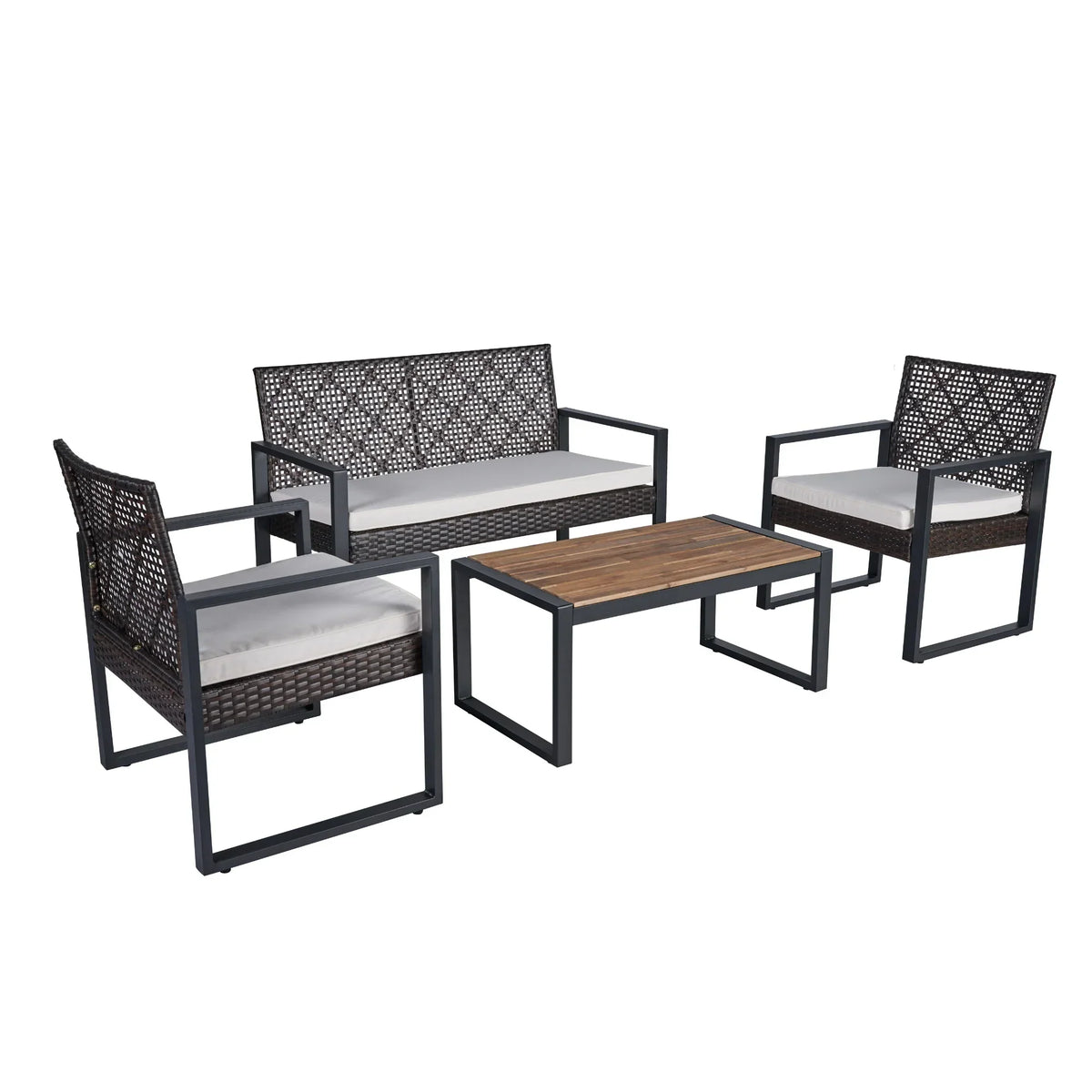 Nouveauté 2026 – Ensemble de mobilier de patio robuste , ensemble de conversation d'extérieur sectionnel 4 pièces, ensemble de canapé de patio en rotin PE marron avec coussins bleus