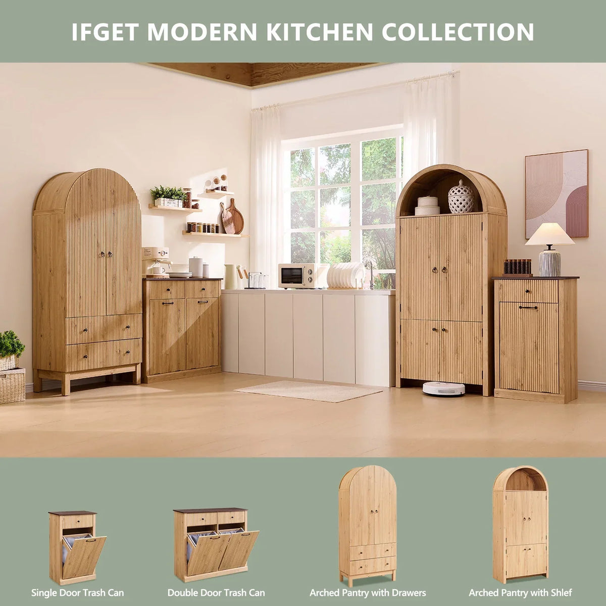 Nouveauté 2026 – Armoire de rangement de cuisine IFGET , 180 cm de haut, style arqué, avec étagères réglables, idéale pour la cuisine et la salle à manger