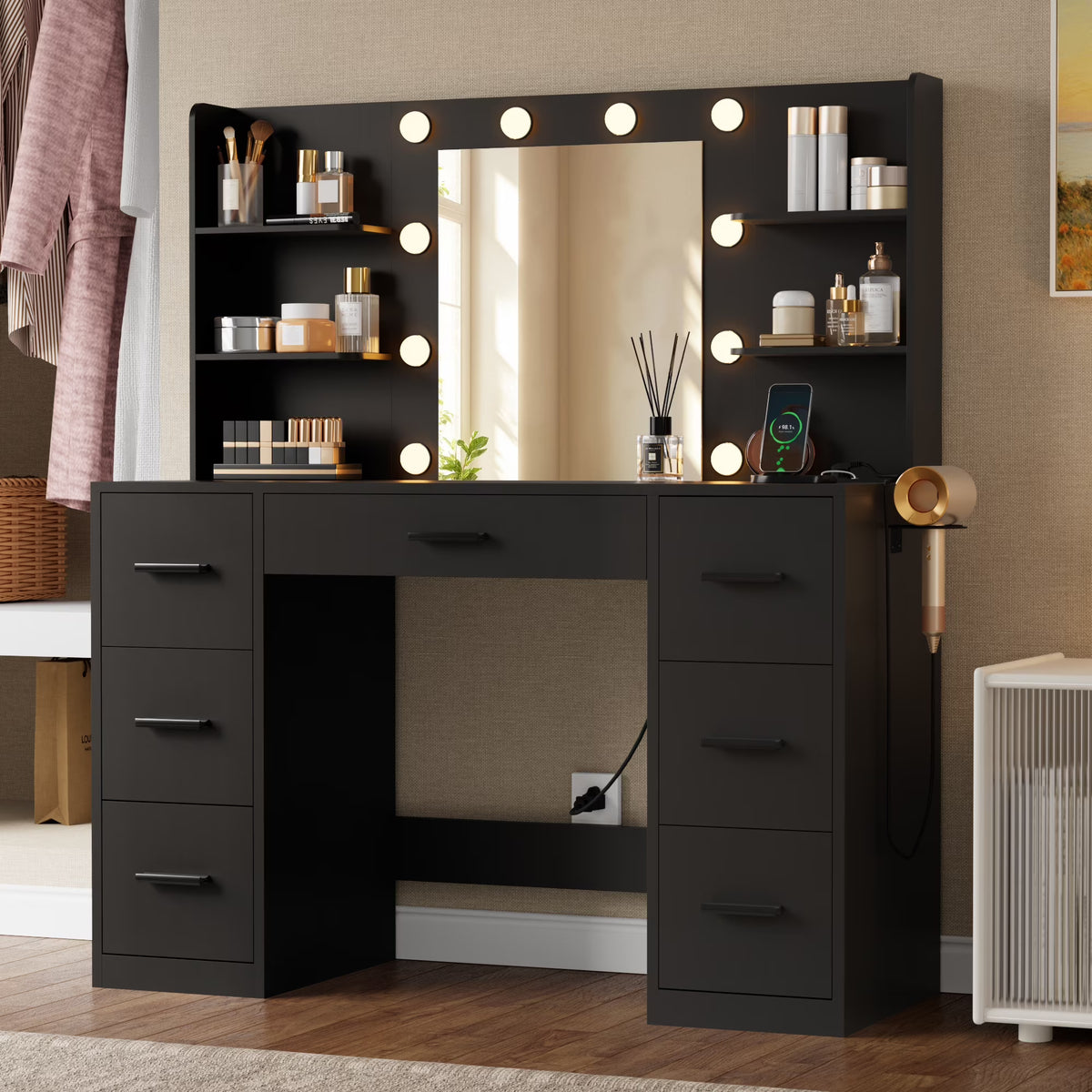 Nouveauté 2026 – Coiffeuse Lacoo avec miroir et éclairage LED, meuble de maquillage avec 7 tiroirs et 4 étagères, table de toilette avec prise électrique pour chambre ou dressing, blanche