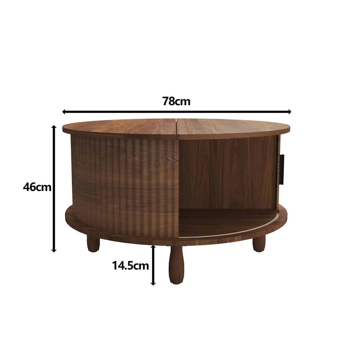 Nouveauté 2026 – Table basse ronde RUMLIVE avec rangement, table basse moderne de 78 cm avec porte coulissante incurvée à 360°, table basse en bois cannelé avec patins, table centrale ronde pour salon, noire