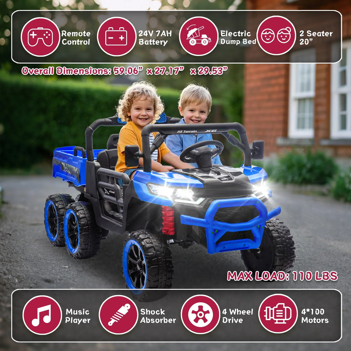 Nouveauté 2026 – Camion électrique Xuanlur 24V 2 places pour enfants , avec moteur 2x200W, benne basculante/pelle, pneus résistants, lumières LED, musique et télécommande, noir
