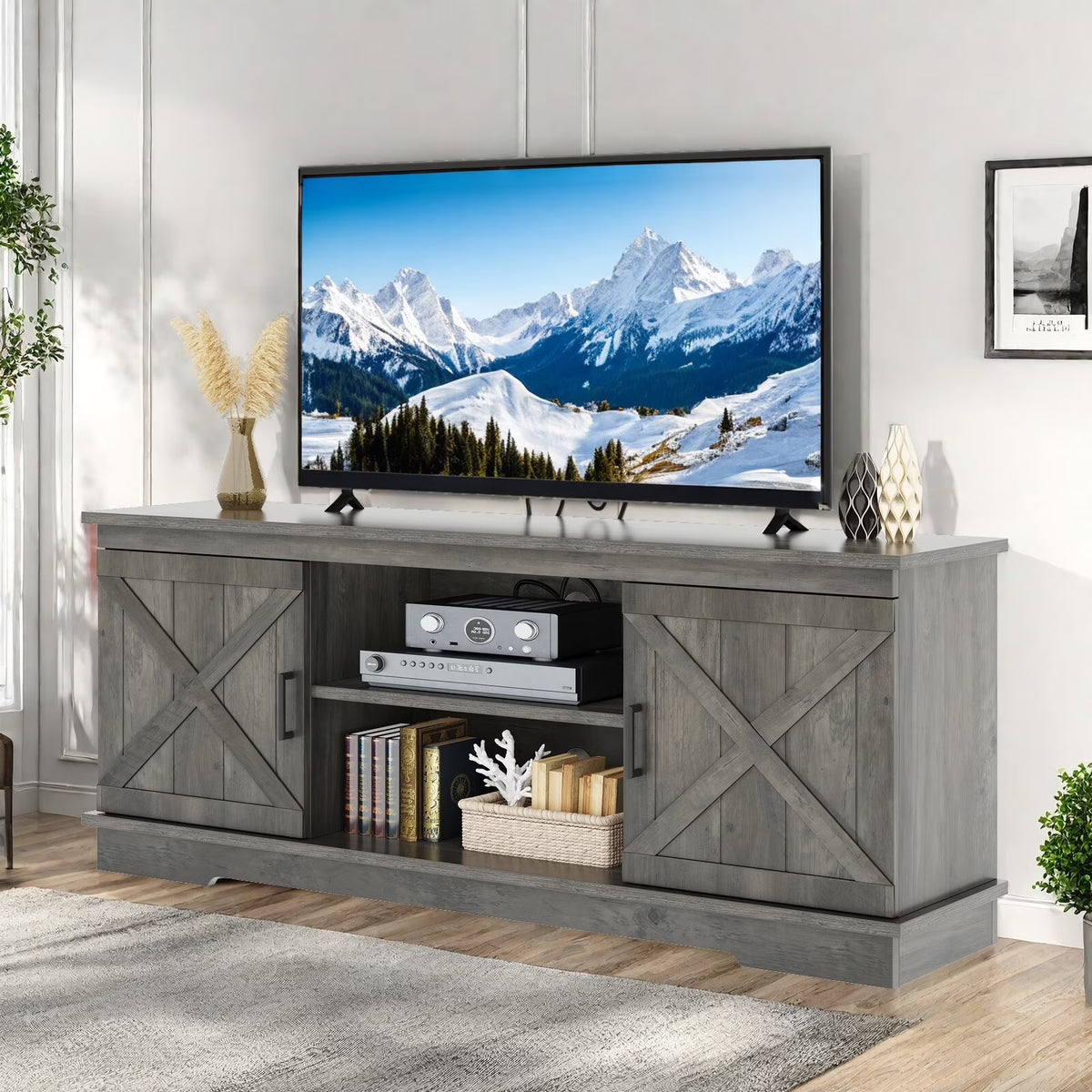 Nouveauté 2026 – Meuble TV Dextrus Farmhouse pour téléviseur 65 pouces, centre multimédia pour salon, meuble console TV, gris délavé
