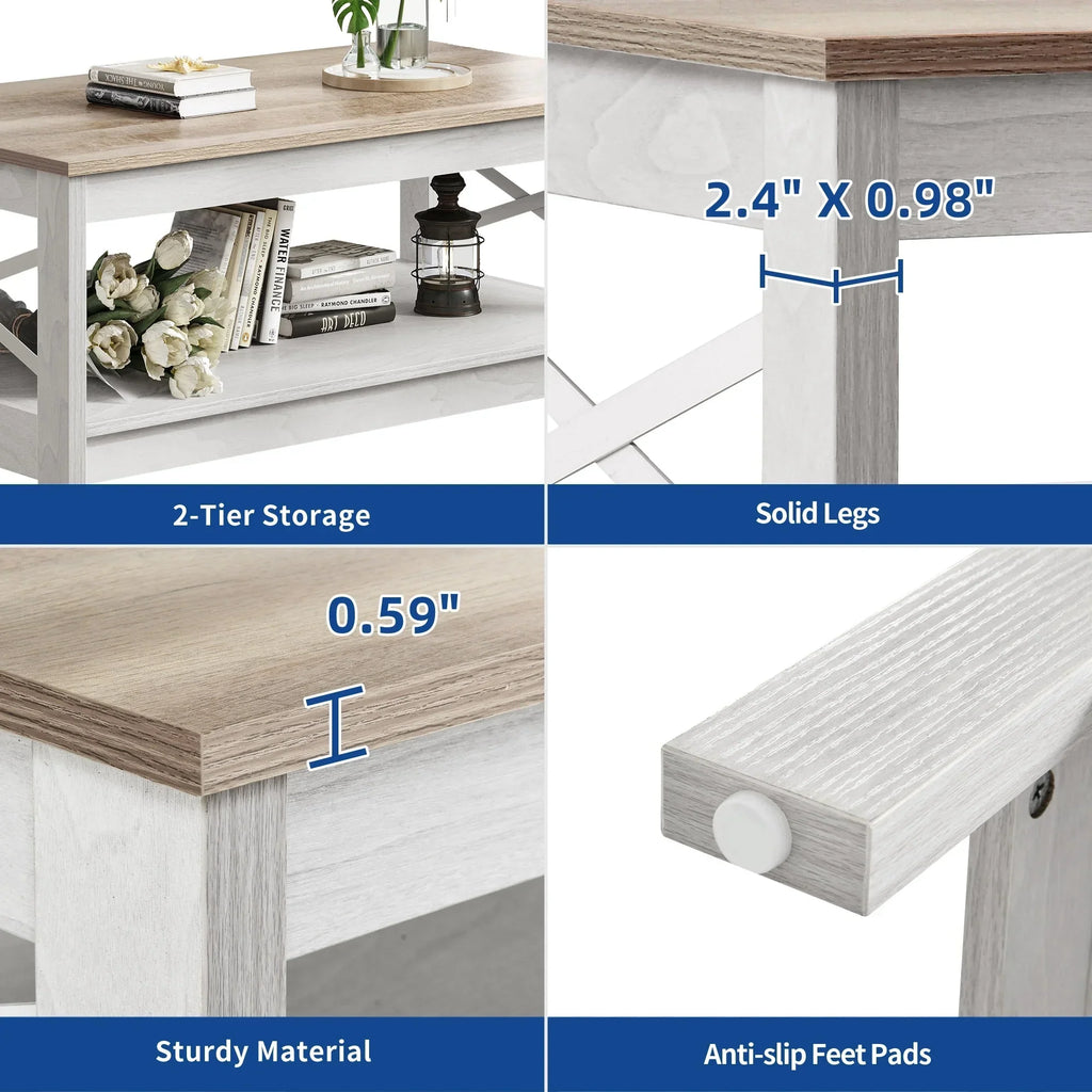 Nouveauté 2026 – Table basse Moasis Farmhouse avec rangement, table centrale à 2 niveaux pour salon, plateau gris délavé et blanc