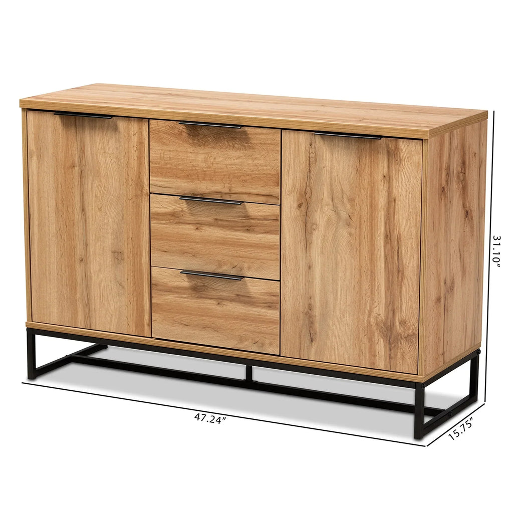 Nouveauté 2026 – Buffet 3 tiroirs Baxton Studio Reid, style industriel moderne et contemporain, finition chêne et métal noir