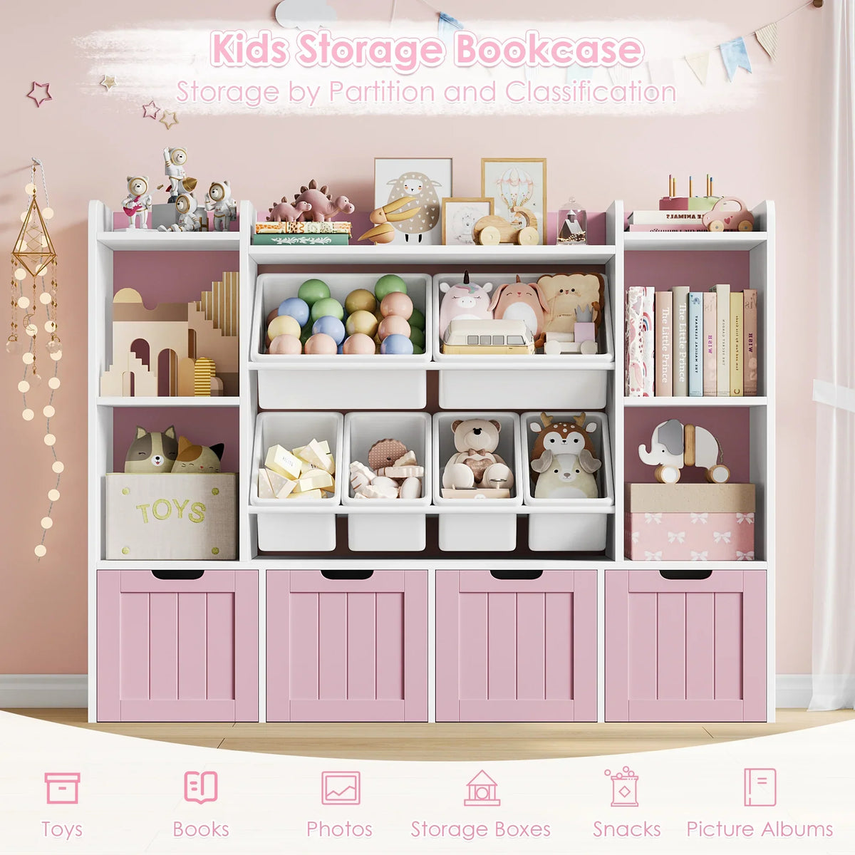 Nouveauté 2026 – Bibliothèque enfant Hiphuta à 3 niveaux avec rangement pour jouets, en bois, composée de 6 boîtes et 4 tiroirs amovibles, blanche