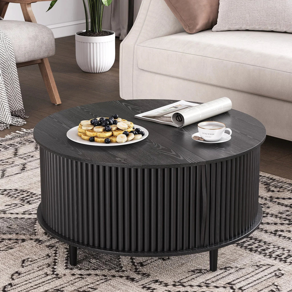 Nouveauté 2026 – Table basse ronde JOINICE avec rangement et porte coulissante, table centrale en bois de style moderne du milieu du siècle, pour salon, noyer
