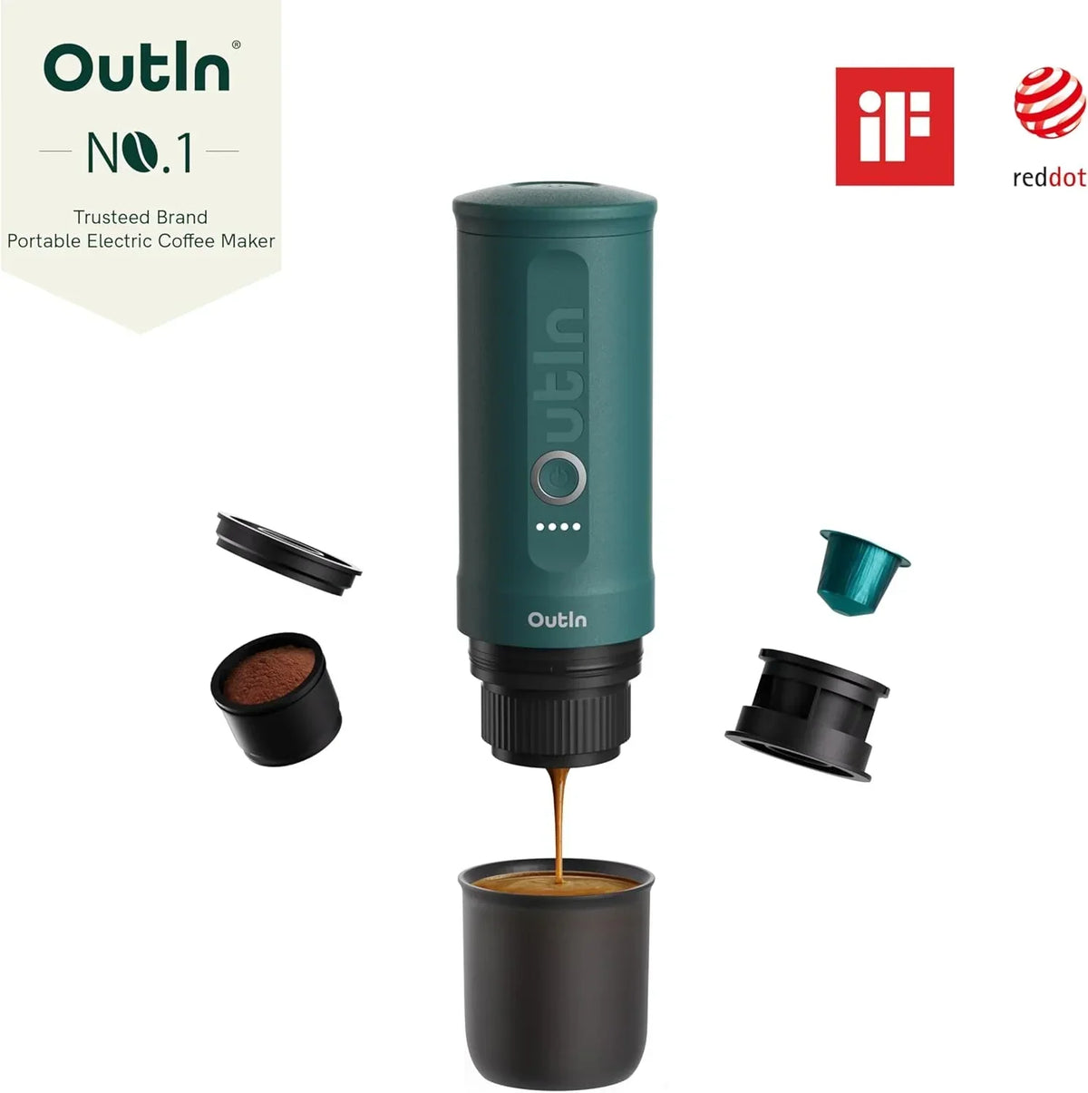 Nouveauté 2026 – Machine à expresso électrique portable OutIn Nano , cafetière de voyage idéale pour le camping et la voiture. Auto-chauffante avec port USB-C, elle fonctionne avec du café moulu et des capsules NS. Parfaite pour les camping-cars, la