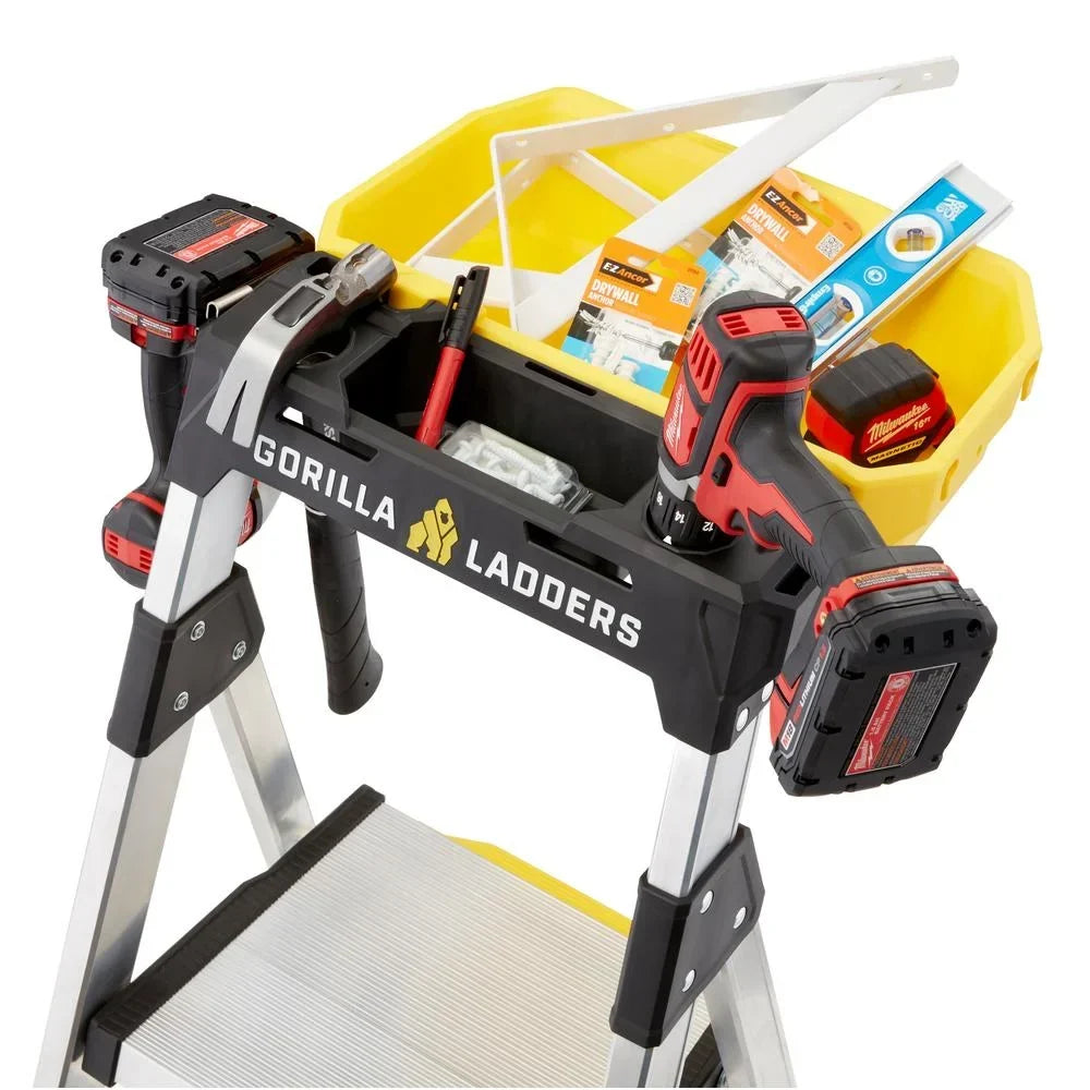 Nouveauté 2026 – Échelle robuste à double plateforme amovible Gorilla Ladders avec nacelle intégrée, 1,7 m, aluminium, multicolore