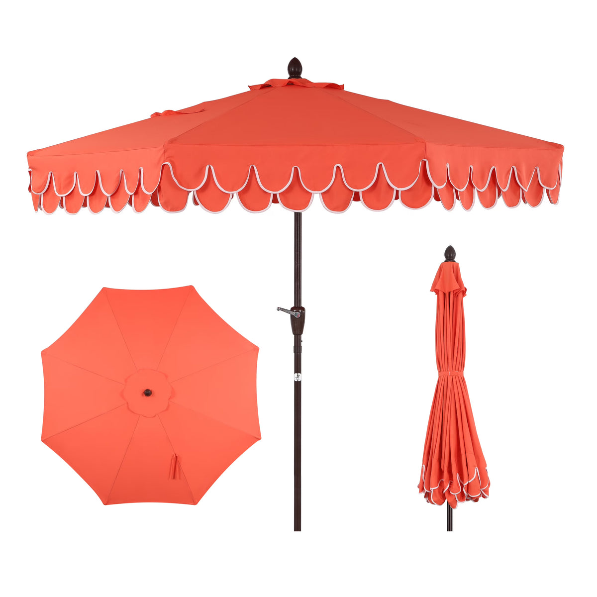 Nouveauté 2026 – Parasol de marché JONATHAN Y Tracy 2,74 m (9 pi), style classique milieu du siècle, franges festonnées, manivelle d'inclinaison automatique, aération et protection UV, rose corail/blanc, mât marron foncé
