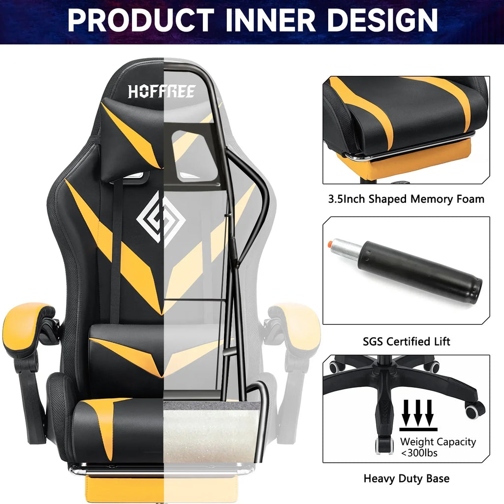 Nouveauté 2026 – Fauteuil de jeu Hoffree avec haut-parleurs intégrés, en cuir PU, repose-pieds et éclairage LED. Fauteuil ergonomique pour gamer avec massage, soutien lombaire et appui-tête pivotant et réglable. Idéal pour le télétravail et le bureau