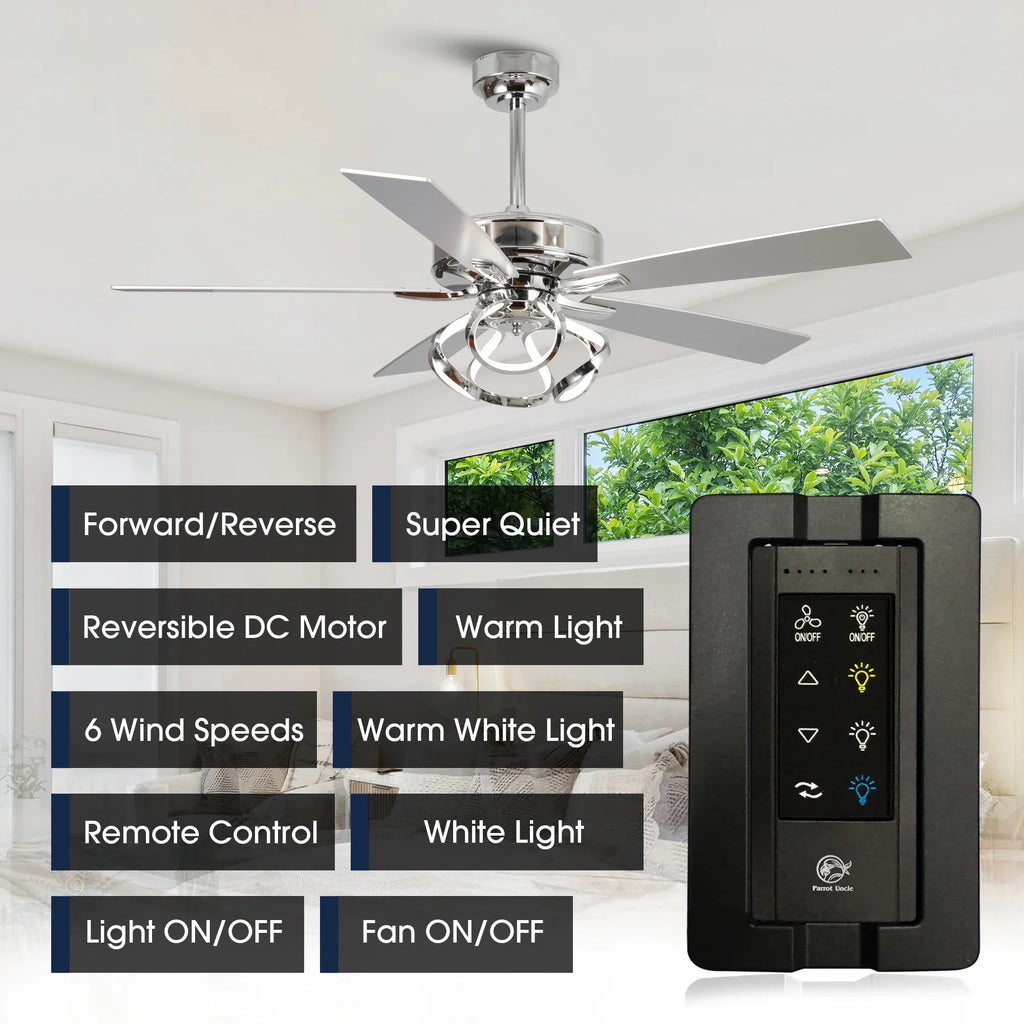 Nouveauté 2026 – Ventilateur de plafond contemporain chromé Parrot Uncle 52 pouces (132 cm) avec éclairage LED intégré et télécommande