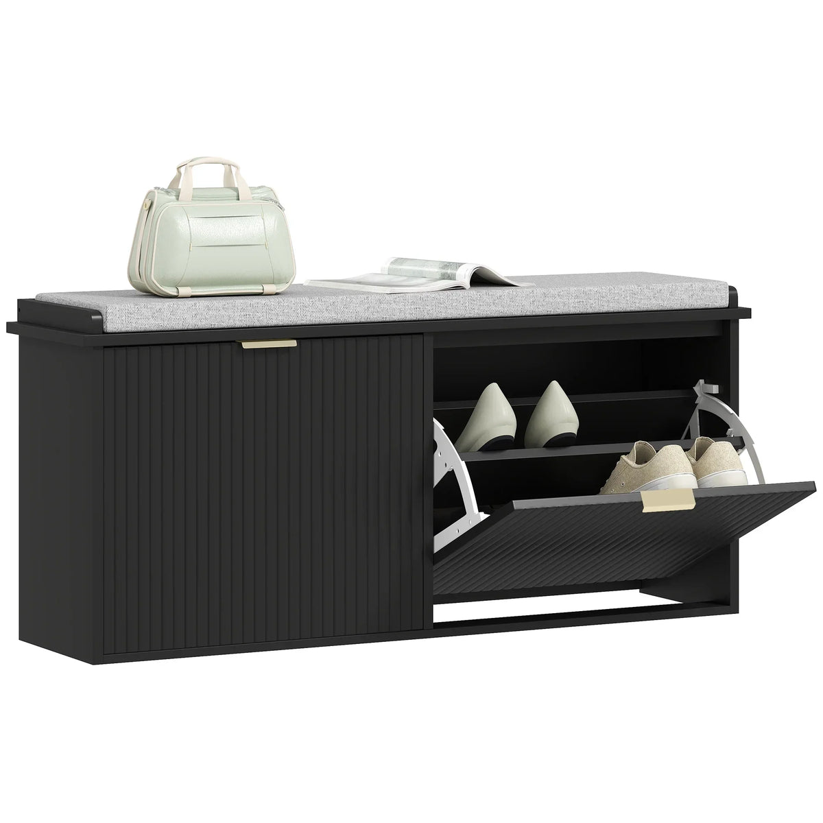 Nouveauté 2026 – Banc à chaussures HOMCOM avec assise rembourrée et tiroir rabattable, supportant jusqu'à 240 kg, 104 x 26 x 48 cm, noir
