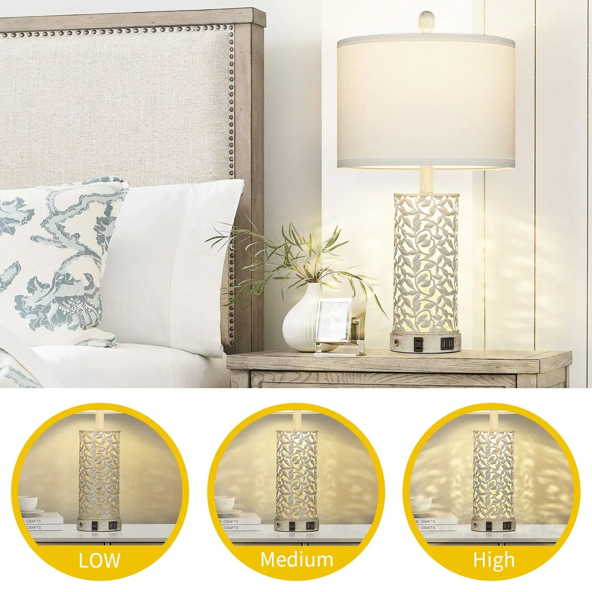 Nouveauté 2026 – Ensemble de 2 lampes de table Cinkeda pour salon et chambre à coucher, avec ports USB, prise secteur, intensité réglable à 3 niveaux, veilleuse tactile, style champêtre, motif floral blanc, lampes de chevet