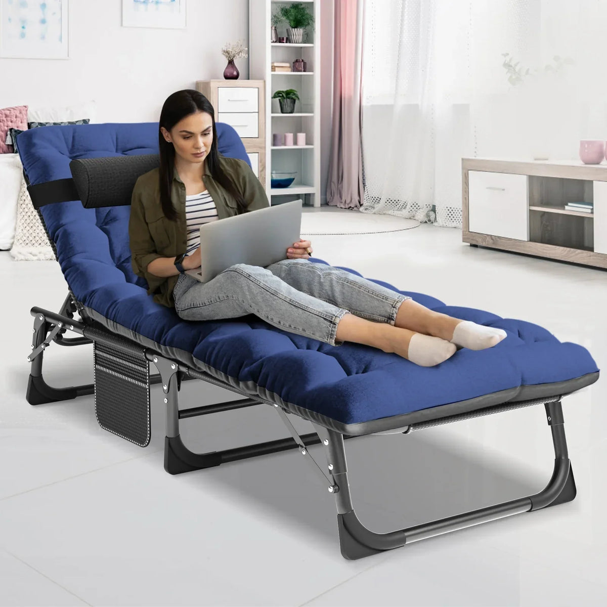 Nouveauté 2026 – Chaise longue MOPHOTO avec matelas, supportant jusqu'à 200 kg, lit de camp portable et robuste, réglable, idéal pour le camping, la piscine, la plage et la terrasse