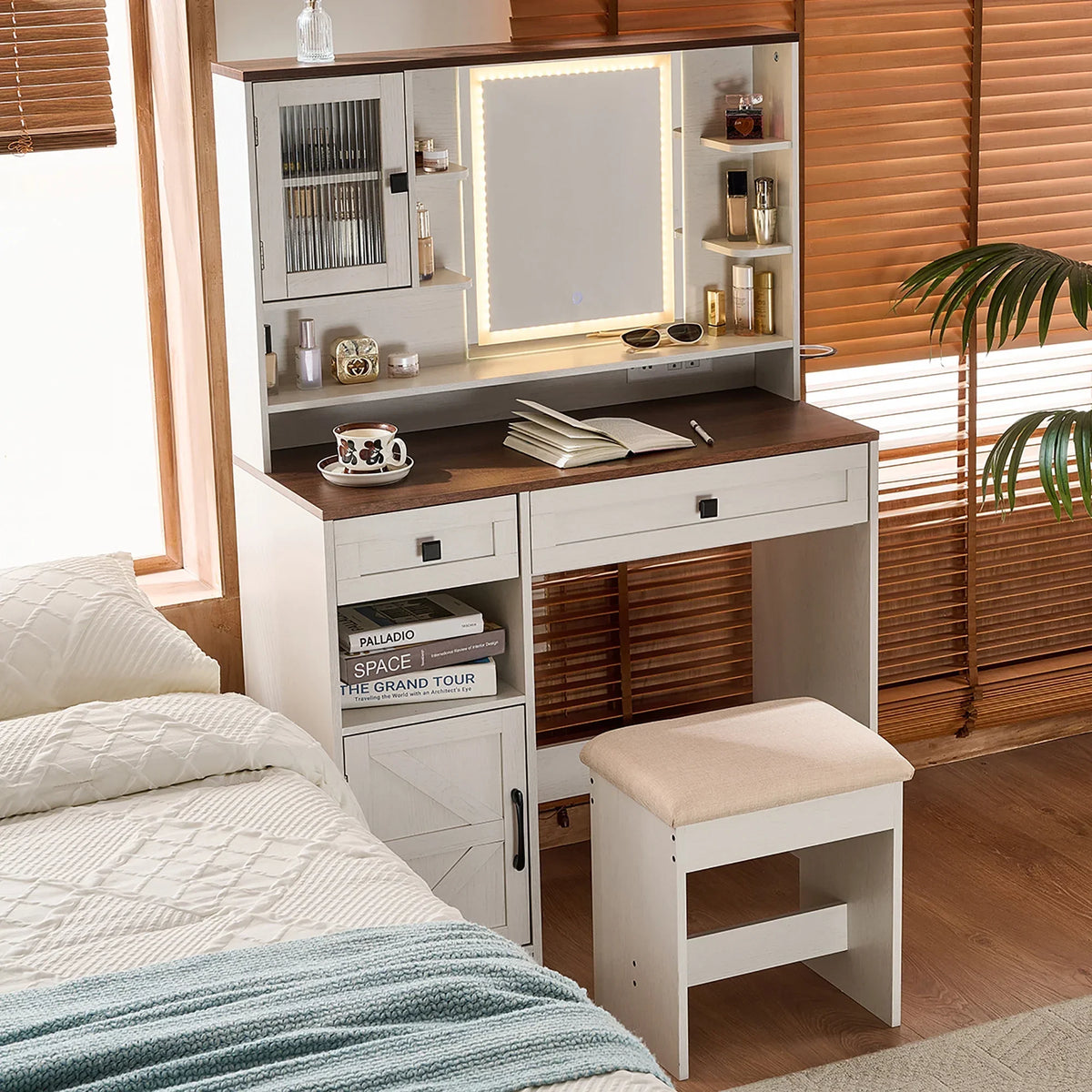 Nouveauté 2026 – Coiffeuse Farmhouse avec miroir et éclairage, ensemble coiffeuse avec station de charge et tabouret, tiroirs, étagères et armoire latérale, blanc