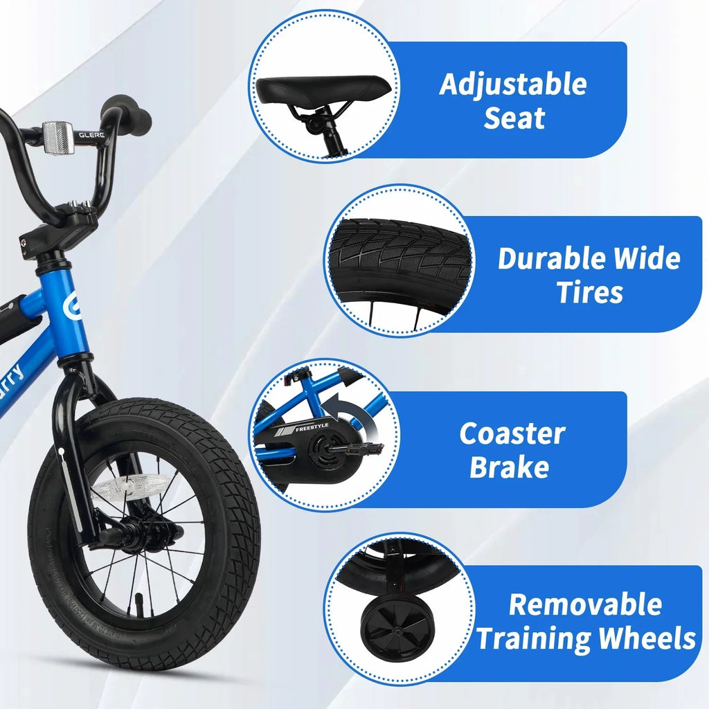 Nouveauté 2026 – Vélo Glerc pour enfants de 3 à 5 ans, style BMX, avec stabilisateurs et frein à rétropédalage, bleu. Convient aux garçons et aux filles de 3 à 5 ans