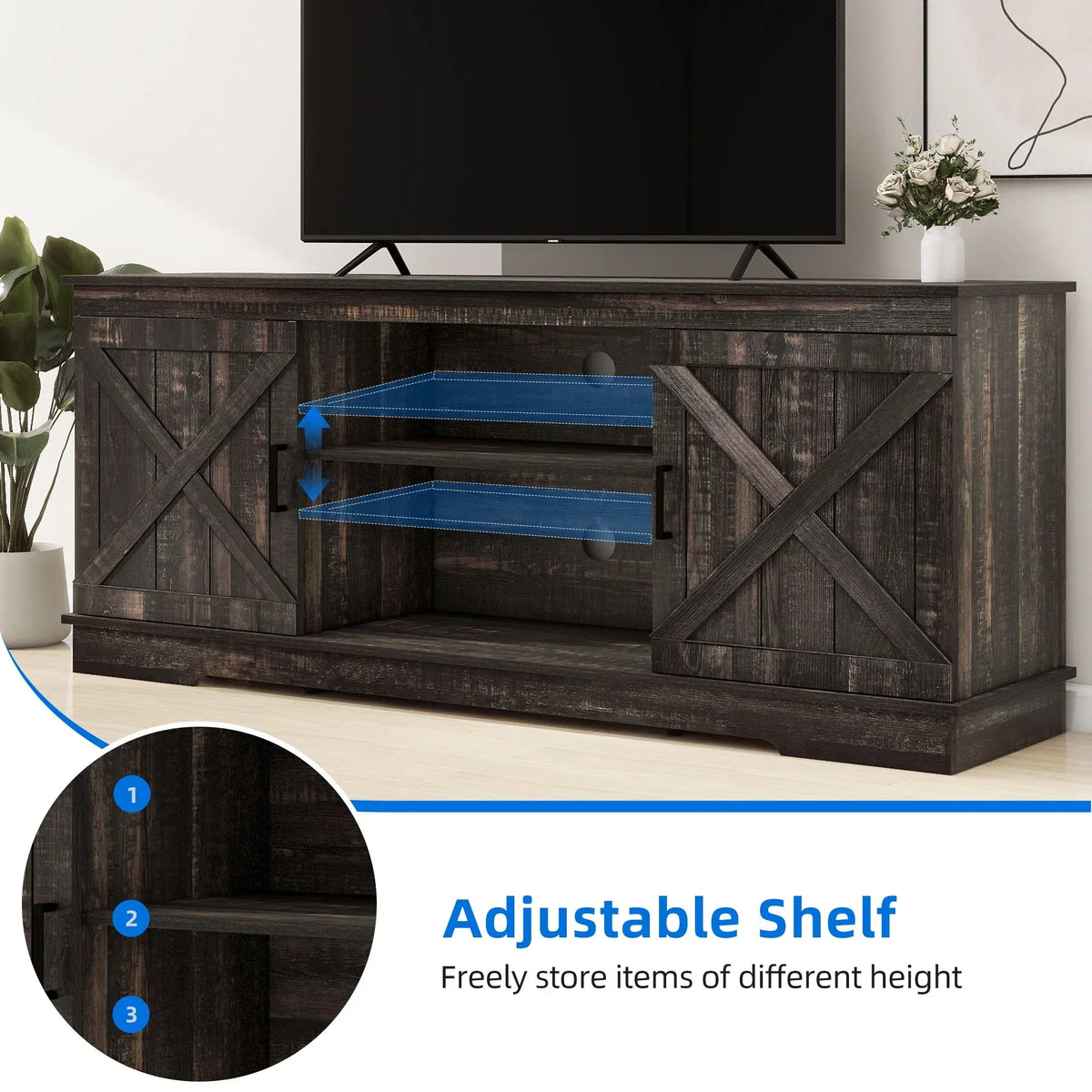 Nouveauté 2026 – Meuble TV Dextrus Farmhouse pour téléviseur 65 pouces, centre multimédia pour salon, meuble console TV, gris délavé