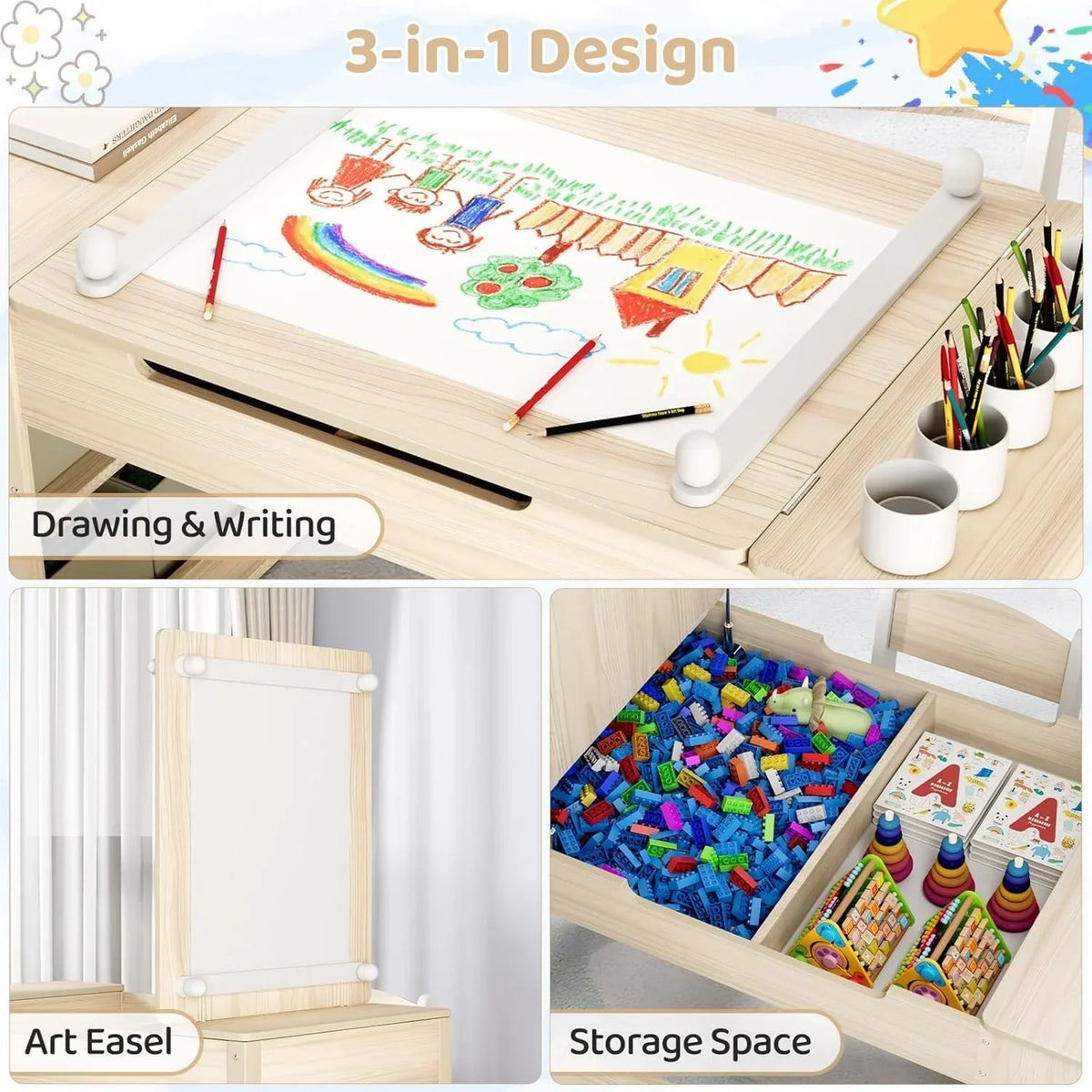 Nouveauté 2026 – Ensemble table et 2 chaises LAZY BUDDY pour enfants , chevalet 2 en 1 et table de bricolage pour tout-petits avec bacs de rangement, gobelets de peinture et rouleau de papier, idéal pour les enfants de 3 ans et plus