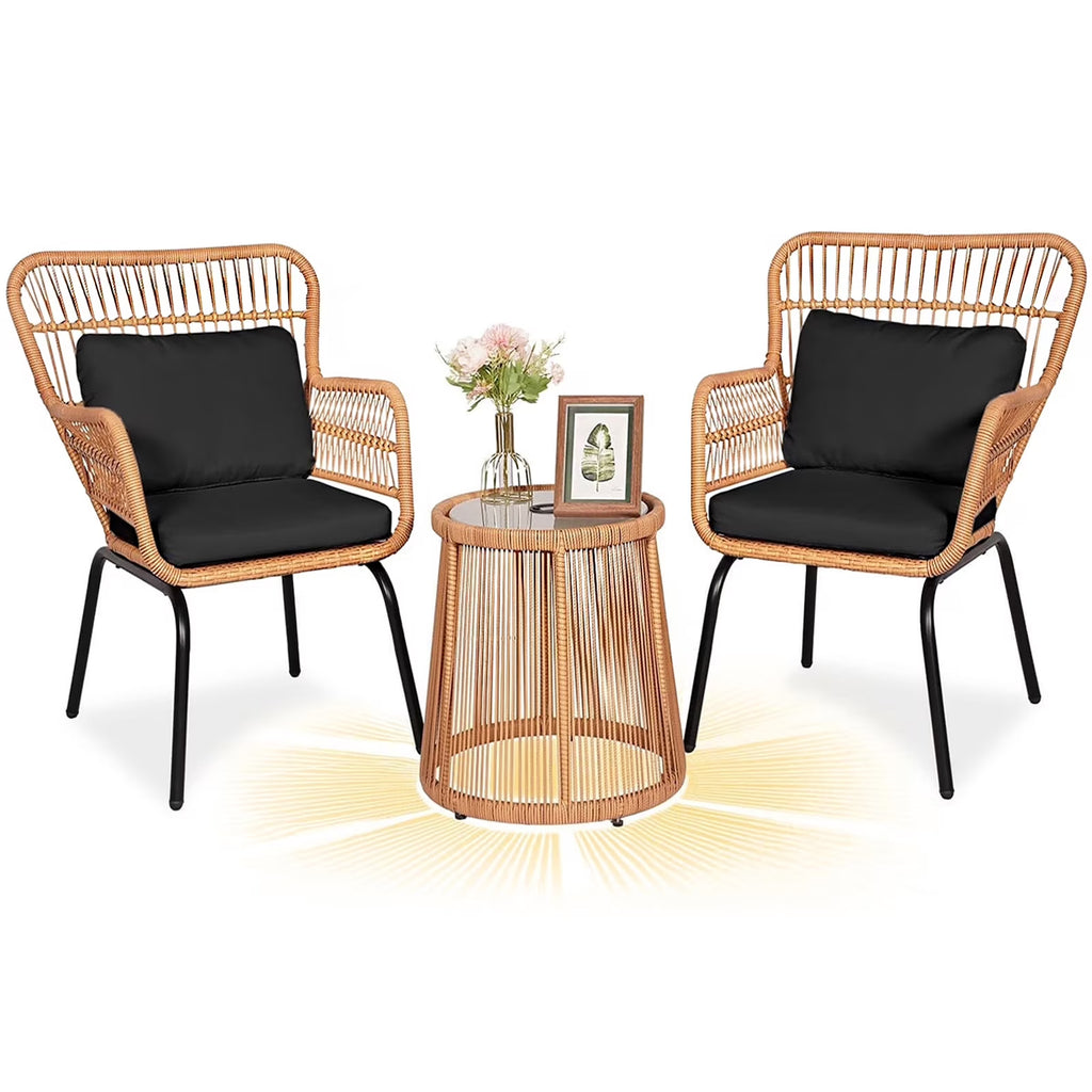 Nouveauté 2026 – Ensemble bistro de conversation 3 pièces Tappio pour patio, mobilier de jardin en rotin, table basse en verre et coussins, jaune/beige, idéal pour le jardin, le balcon, la terrasse ou la piscine