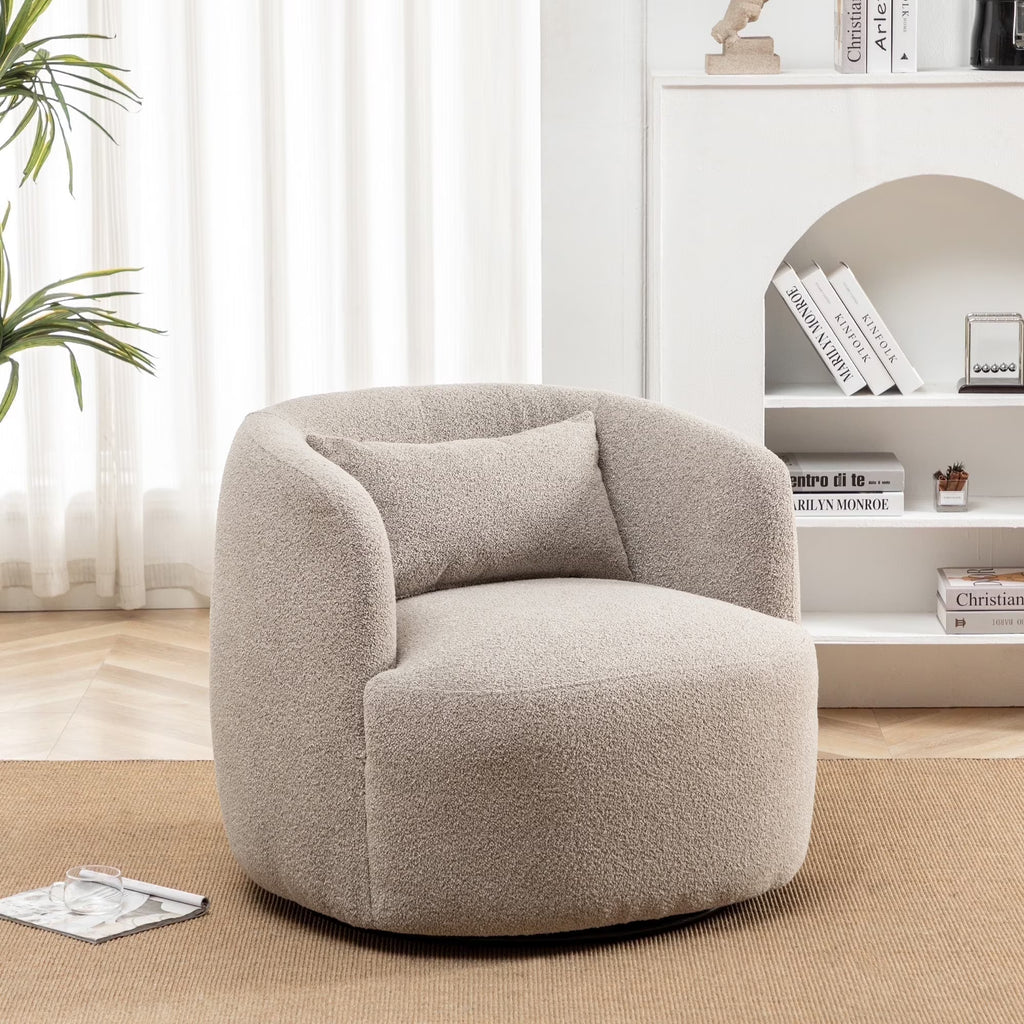 Nouveauté 2026 – Fauteuil pivotant rond 34" en bouclette de 86 cm de large, sans assemblage, avec coussin décoratif, idéal pour le salon et la chambre, couleur taupe