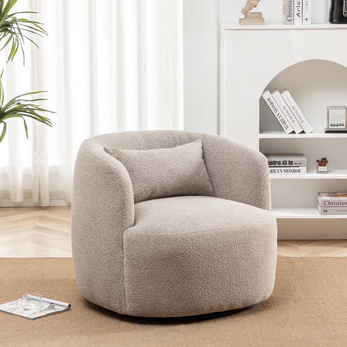 Nouveauté 2026 – Fauteuil pivotant rond 34" en bouclette de 86 cm de large, sans assemblage, avec coussin décoratif, idéal pour le salon et la chambre, couleur taupe