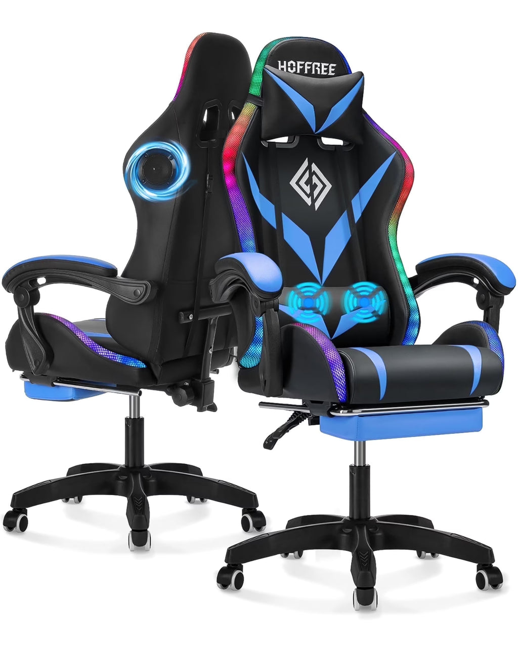Nouveauté 2026 – Fauteuil de jeu Hoffree avec haut-parleurs intégrés, en cuir PU, repose-pieds et éclairage LED. Fauteuil ergonomique pour gamer avec massage, soutien lombaire et appui-tête pivotant et réglable. Idéal pour le télétravail et le bureau
