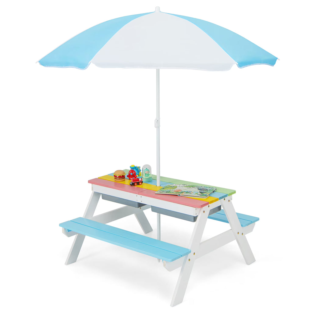 Nouveauté 2026 – Table de pique-nique 3 en 1 pour enfants Costway , en bois, avec bacs à sable et à eau, parasol et autres jeux, verte