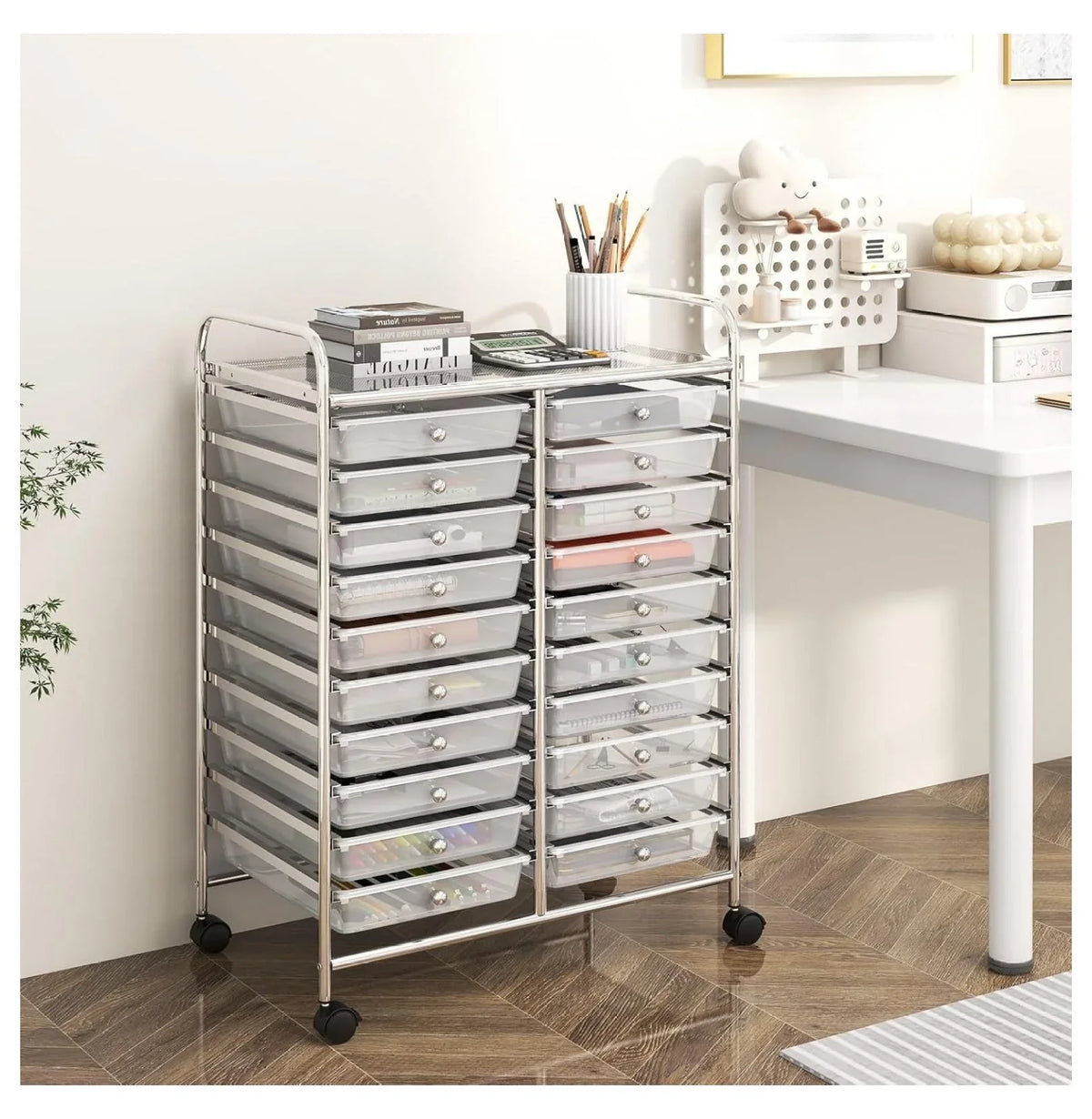 Nouveauté 2026 – Chariot de rangement à 20 tiroirs avec roulettes, semi-transparent, mobile, pour l'école, la salle de classe, le bureau, la maison, le salon, le rangement pour dossiers, scrapbooking et loisirs créatifs
