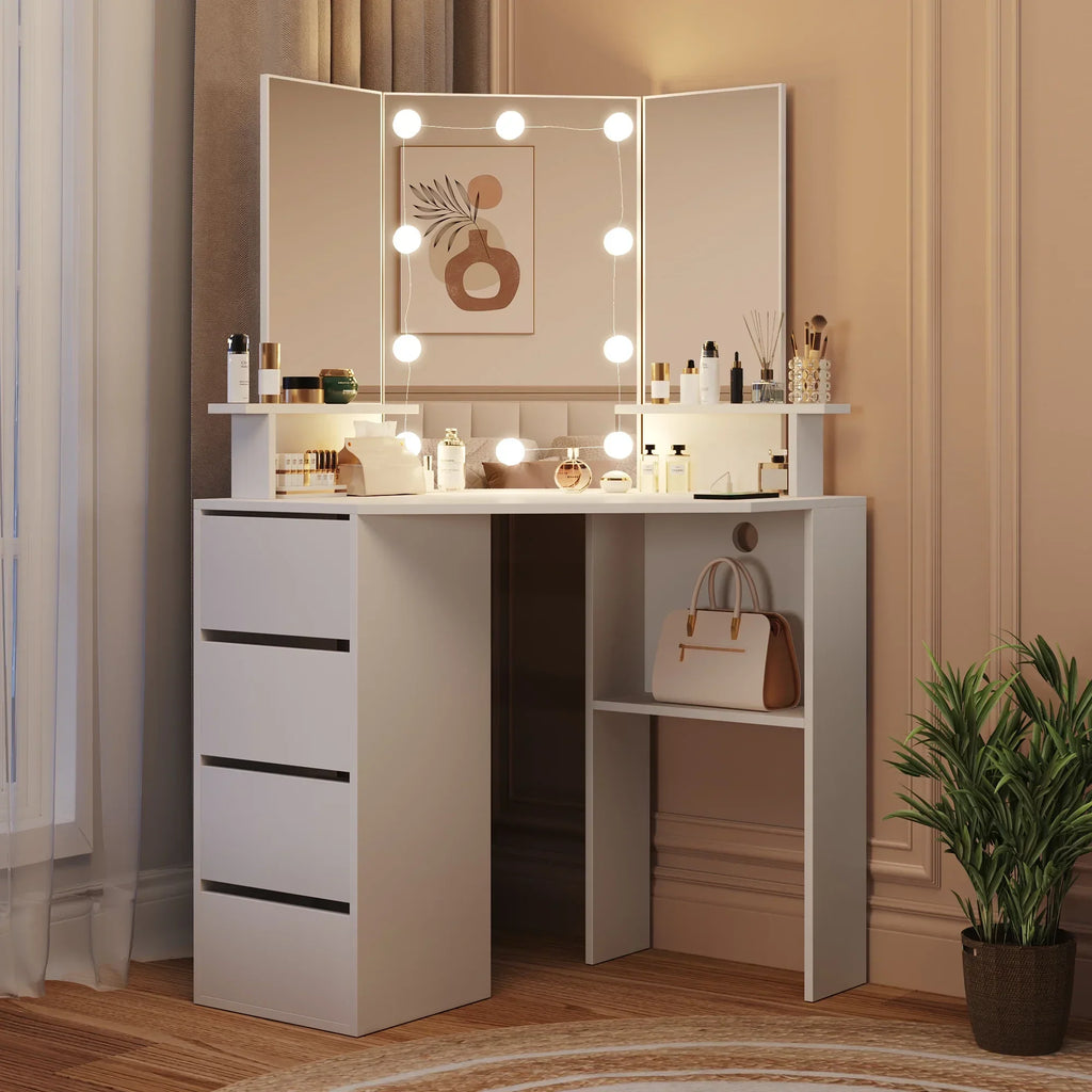 Nouveauté 2026 – Coiffeuse d'angle en placage bois blanc avec miroir et lumière, table de maquillage avec 4 tiroirs et station de recharge pour chambre à coucher