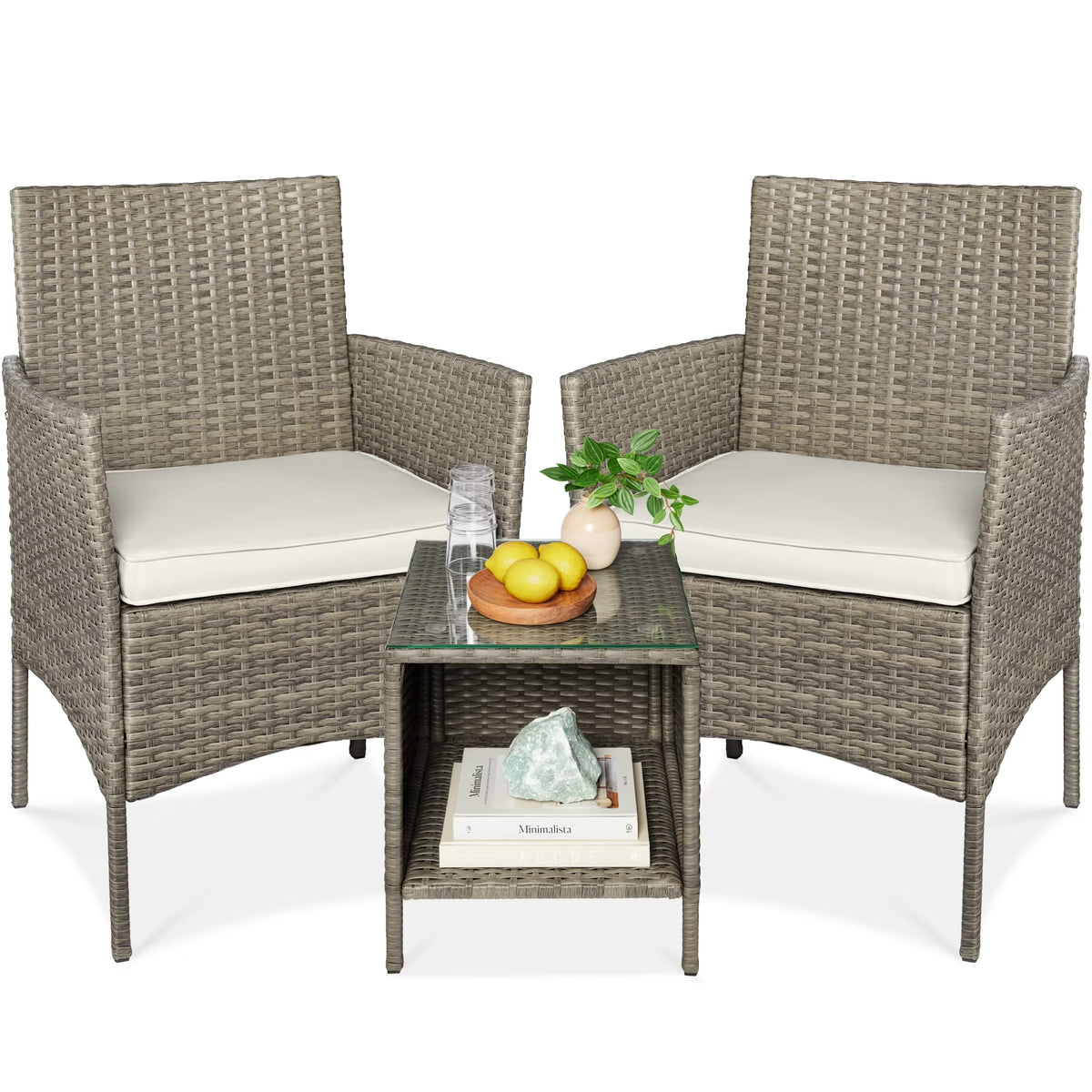 Nouveauté 2026 – Ensemble bistro de jardin 3 pièces en résine tressée Best Choice Products , avec 2 chaises et une table - Gris/Bleu marine