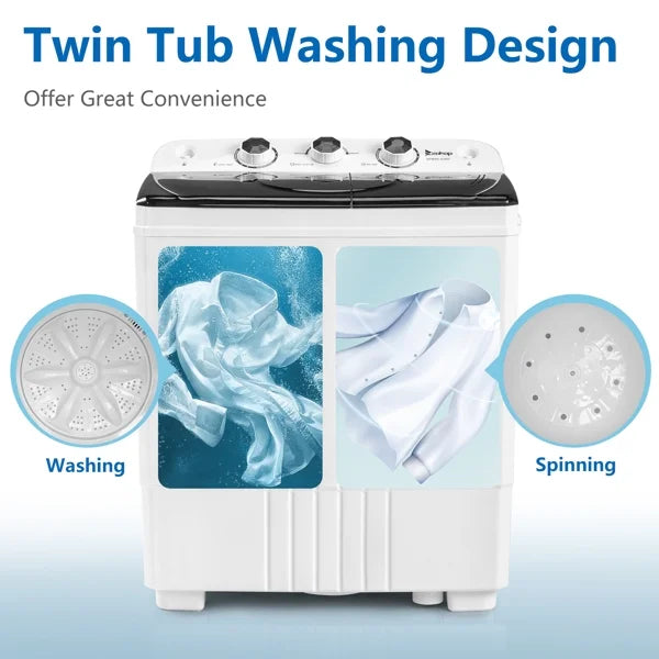Nouveauté 2026 – Lave-linge semi-automatique compact 1300 tr/min, 9 kg (20 lb), double cuve, avec pompe intégrée, idéal pour appartement, résidence étudiante, camping-car et camping. Blanc/noir