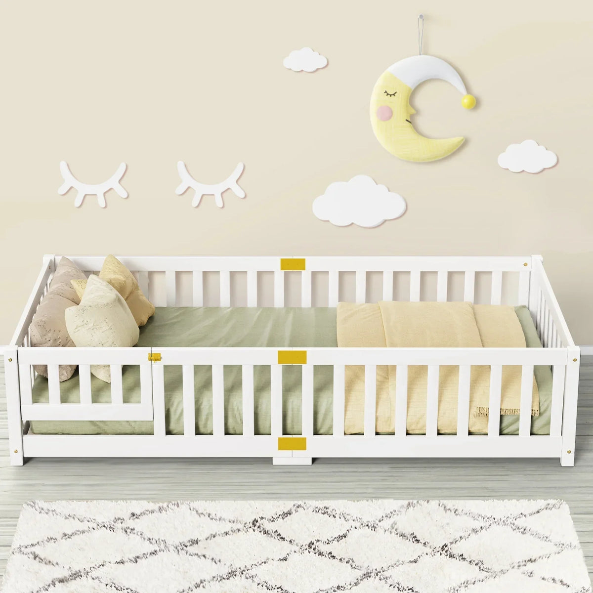 Nouveauté 2026 – Lit de sol Montessori pour tout-petits (taille jumelle), cadre de lit en bois massif avec barrière et porte, pour filles et garçons