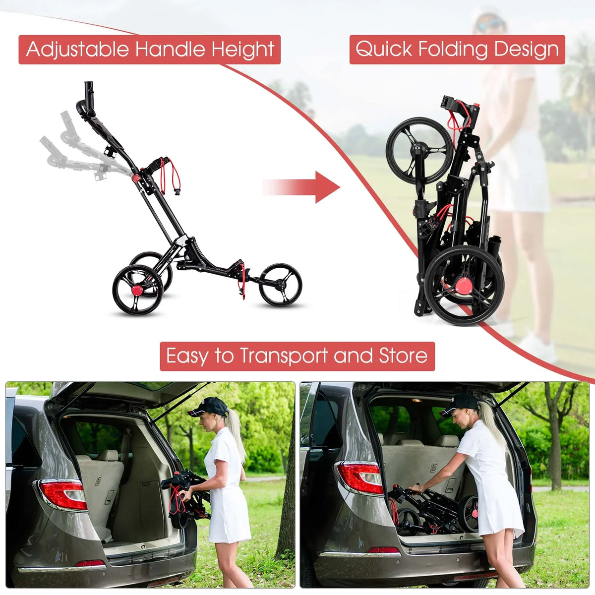 Nouveauté 2026 – Chariot de golf pliable à 3 roues en acier Costway avec porte-parapluie
