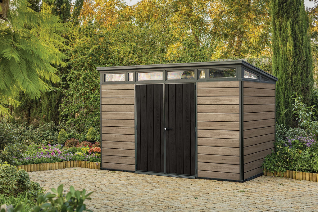 Nouveauté 2026 – Abri de jardin Keter Signature , 3,35 m x 2,13 m, en résine durable avec plancher renforcé et porte verrouillable, couleur noyer