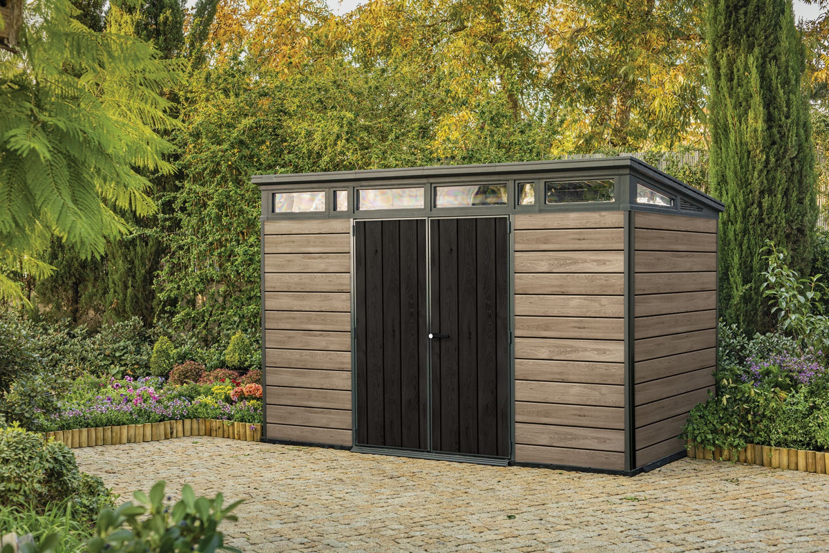Nouveauté 2026 – Abri de jardin Keter Signature , 3,35 m x 2,13 m, en résine durable avec plancher renforcé et porte verrouillable, couleur noyer