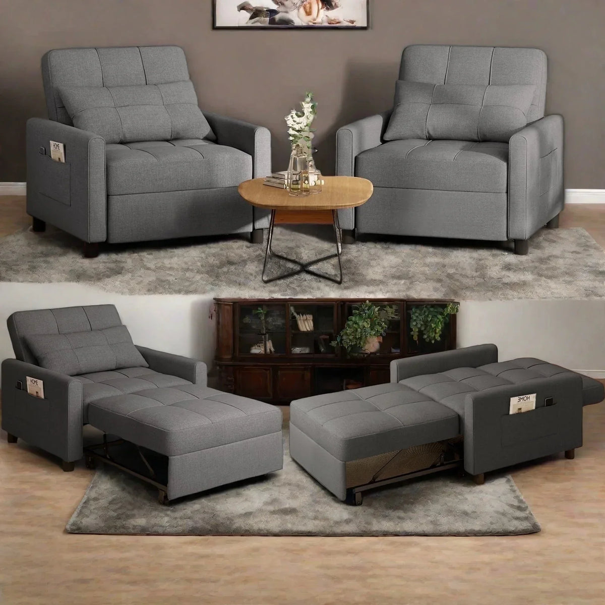 Nouveauté 2026 – Canapé-lit convertible 3 en 1 Lofka avec rangement, dossier réglable et fonction gigogne - Fauteuil-lit idéal pour les petits espaces et les appartements, gris foncé