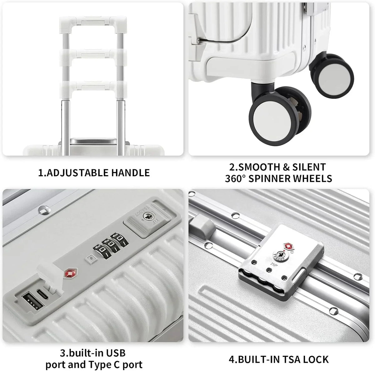 Nouveauté 2026 – Nouvelle valise cabine avec port de chargement USB, compartiment avant, serrure TSA, valise rigide cabine approuvée par les compagnies aériennes avec roulettes multidirectionnelles (grise, 20 pouces