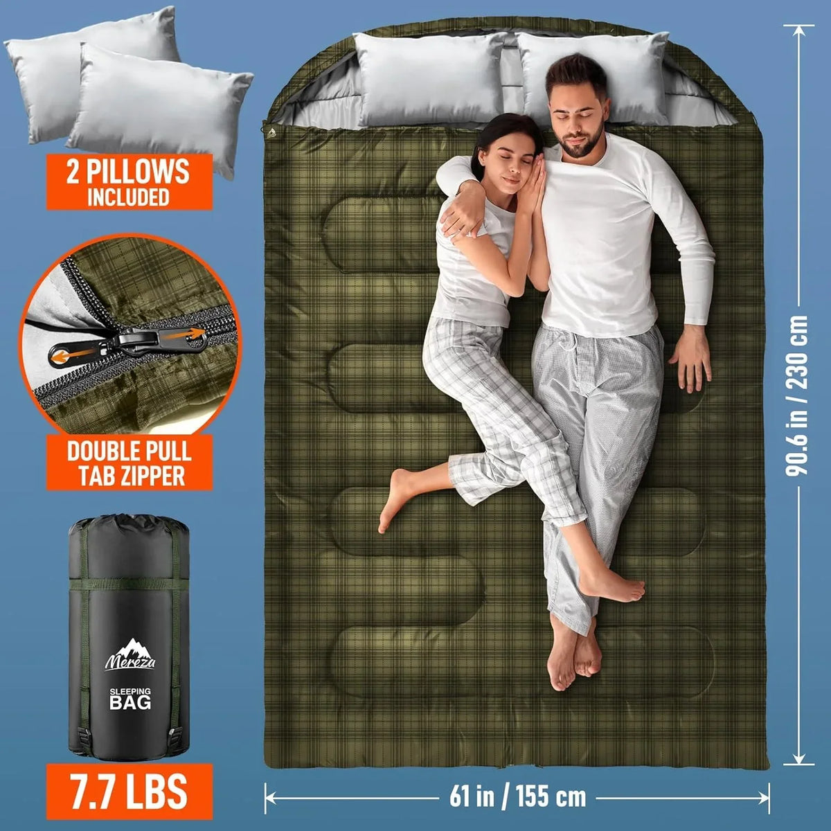 Nouveauté 2026 – Sac de couchage double pour adultes (hommes) avec oreiller, taille XL/Queen, idéal pour le camping, la randonnée et le trekking toutes saisons, par temps froid et chaud