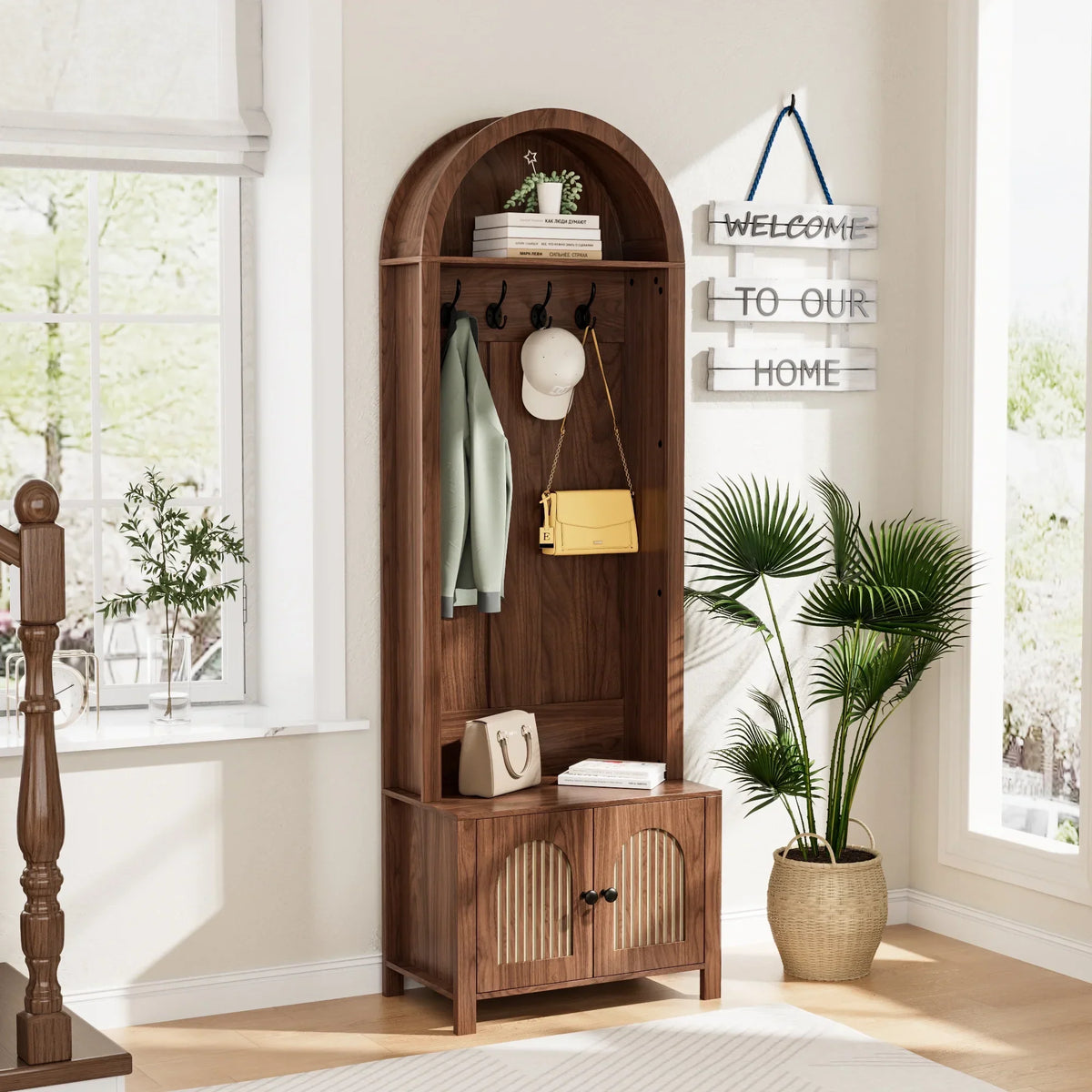 Nouveauté 2026 – Meuble d'entrée LUCKYELF avec rangement pour chaussures, banc d'entrée avec 4 crochets et 2 portes, armoire porte-manteaux en forme d'arche pour couloir