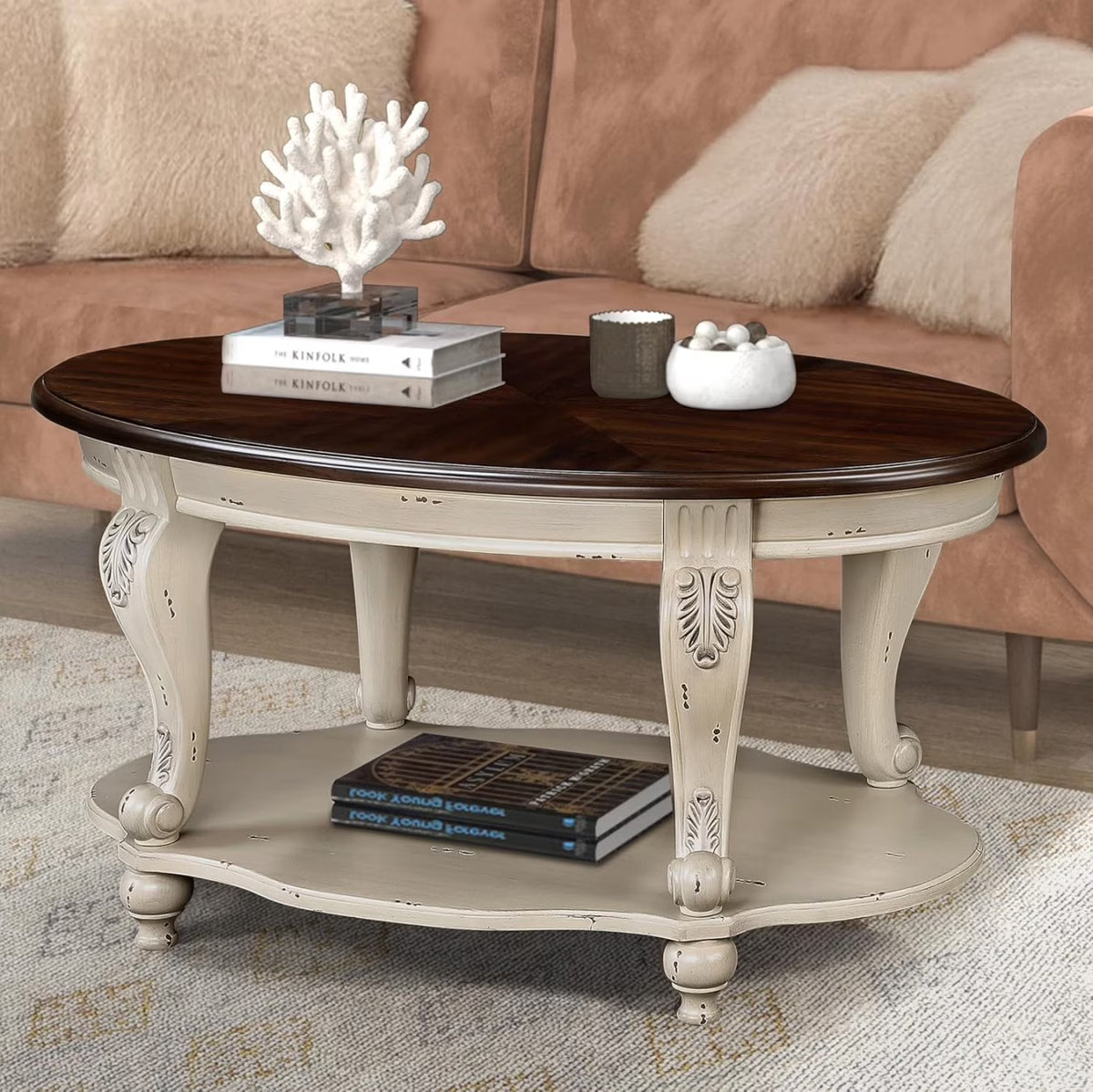 Nouveauté 2026 – Table basse ovale 42" avec étagère de rangement, table basse à deux niveaux en bois massif, style rétro traditionnel pour salon, supporte jusqu'à 181 kg, couleur cerisier