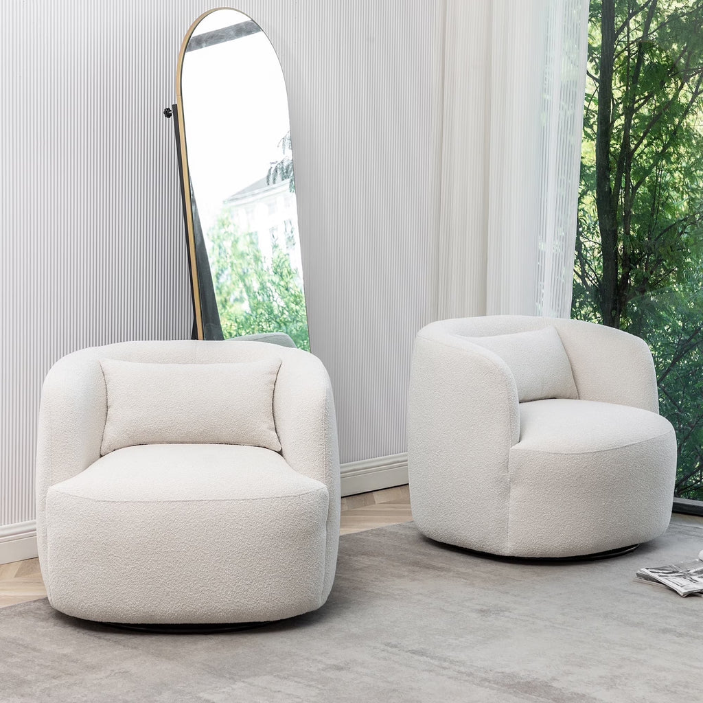 Nouveauté 2026 – Fauteuil pivotant rond 34" en bouclette de 86 cm de large, sans assemblage, avec coussin décoratif, idéal pour le salon et la chambre, couleur taupe