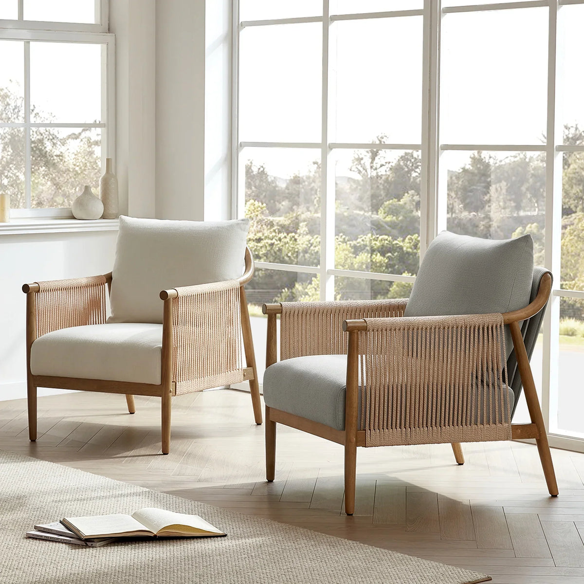 Nouveauté 2026 – Fauteuil d'appoint moderne CHITA , fauteuil tressé pour salon, crème