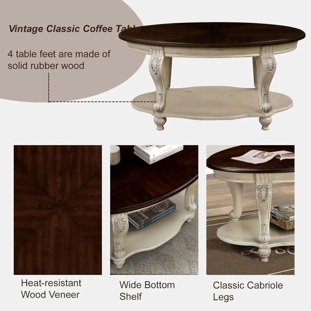 Nouveauté 2026 – Table basse ovale 42" avec étagère de rangement, table basse à deux niveaux en bois massif, style rétro traditionnel pour salon, supporte jusqu'à 181 kg, couleur cerisier