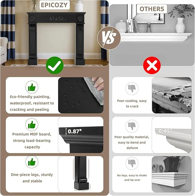 Nouveauté 2026 – Manteau de cheminée EPICOZY 44,5" , sur pied, pour cheminées électriques, en MDF avec étagère, motif décoratif, anti-basculement et imperméable