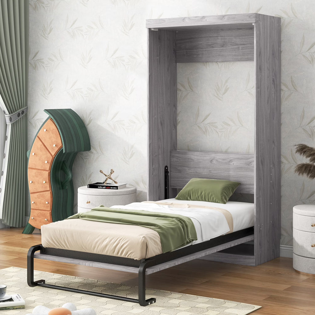 Nouveauté 2026 – Lit escamotable Euroco en pin gris, format simple, transformable en armoire